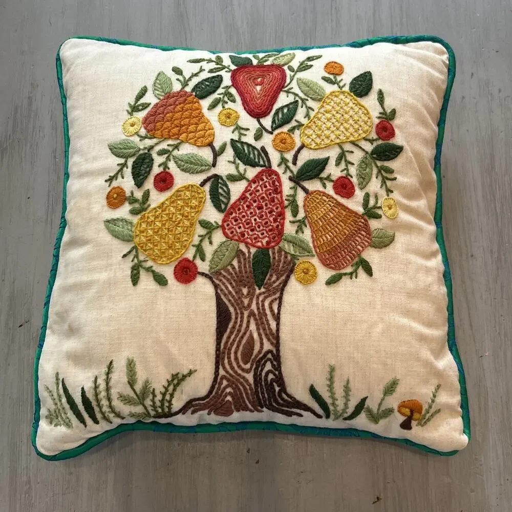 Vtg Pear Tree Crewel Needlepoint Fruit Tree Pillow 13”x13” Country Cottage